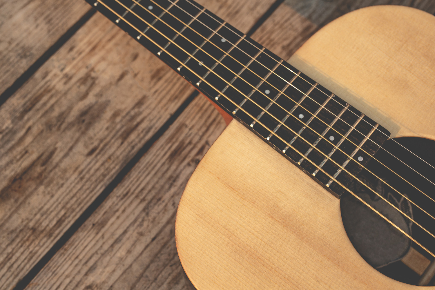 acoustic guitar against wood background