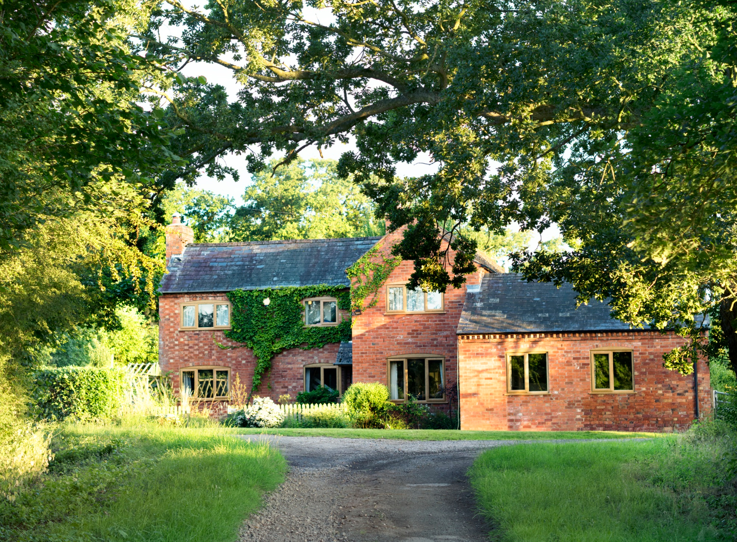 photo of brick house front yard seen through trees